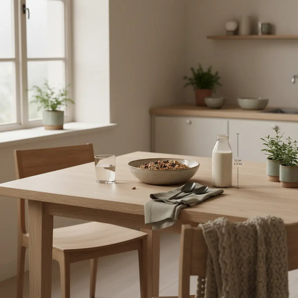 Morgenlicht auf nachhaltigem Holztisch mit veganer Protein-Mahlzeit: Müsli, Nüsse, Glas Wasser und Proteinshake auf schlichtem Tablett – Trainingsplan abnehmen