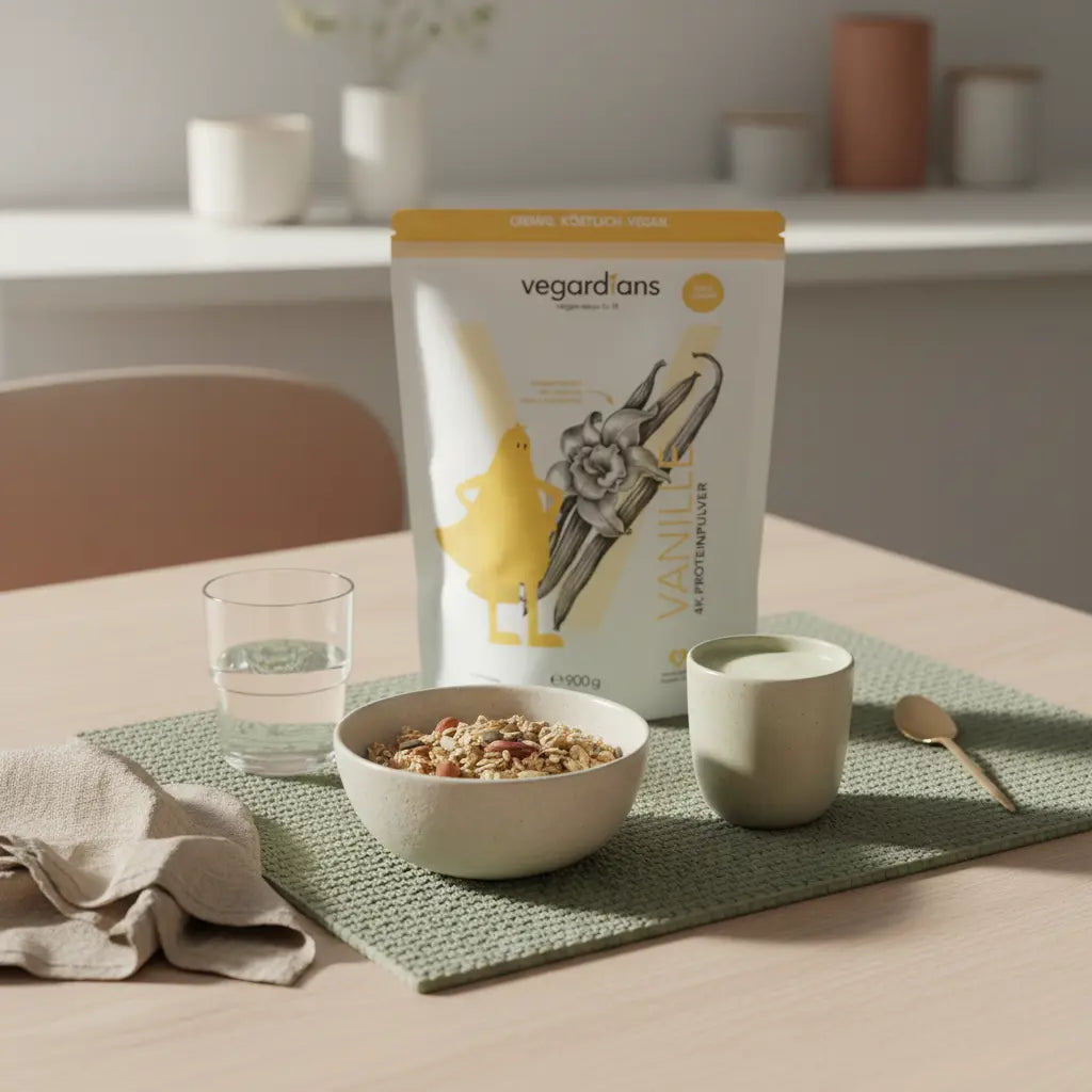 Bewusstes Frühstück vor dem Training: Hafer‑Müsli, Nüsse, pflanzlicher Shake und Glas Wasser auf nachhaltigem Holztisch im Morgenlicht – trainingsplan anfänger 3 tage