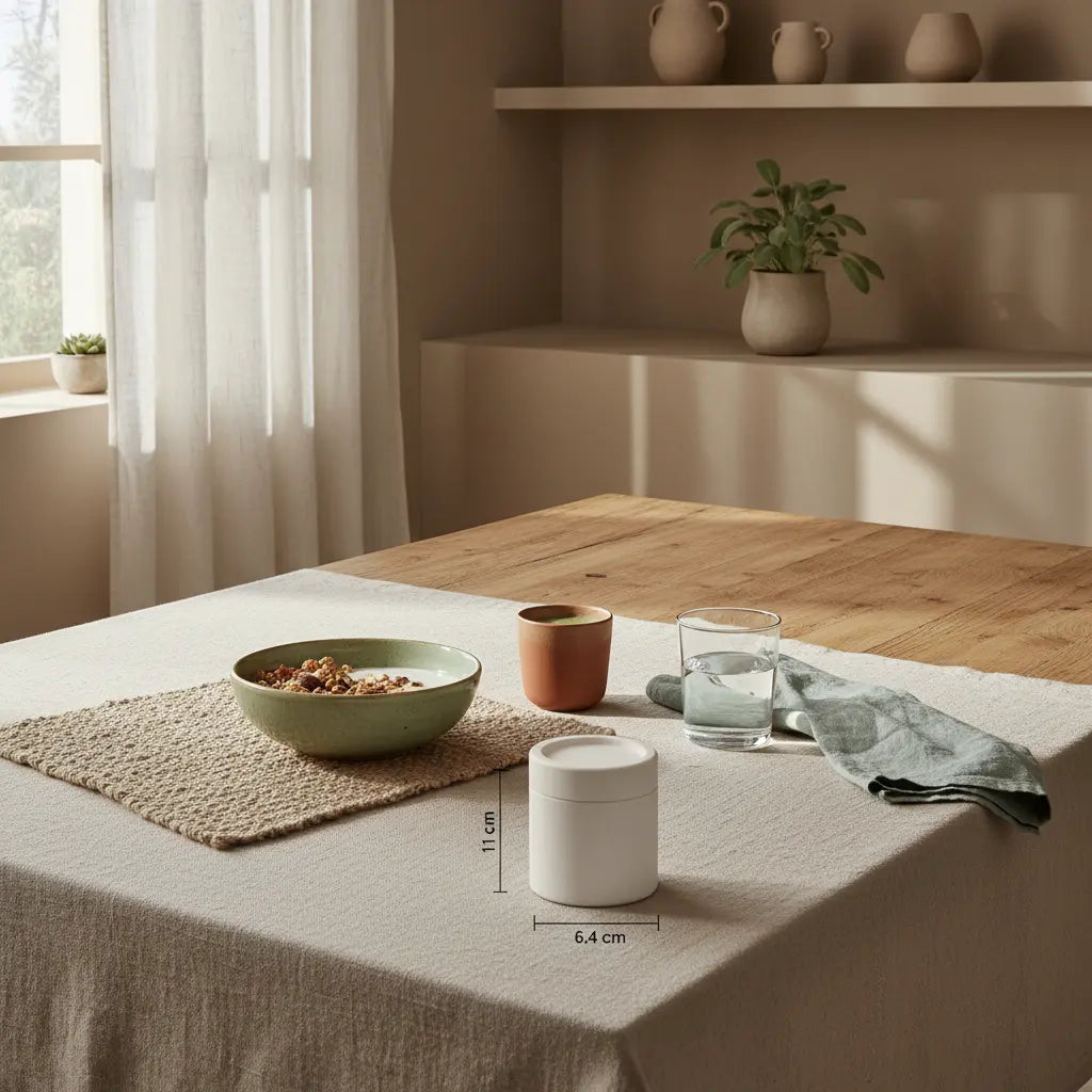 Minimalistisches Frühstück mit Granola, pflanzlichem Joghurt, Nüssen und Shake auf nachhaltigem Tisch im Morgenlicht, Vegardians-Farbwelt — Trainingsplan Anfänger