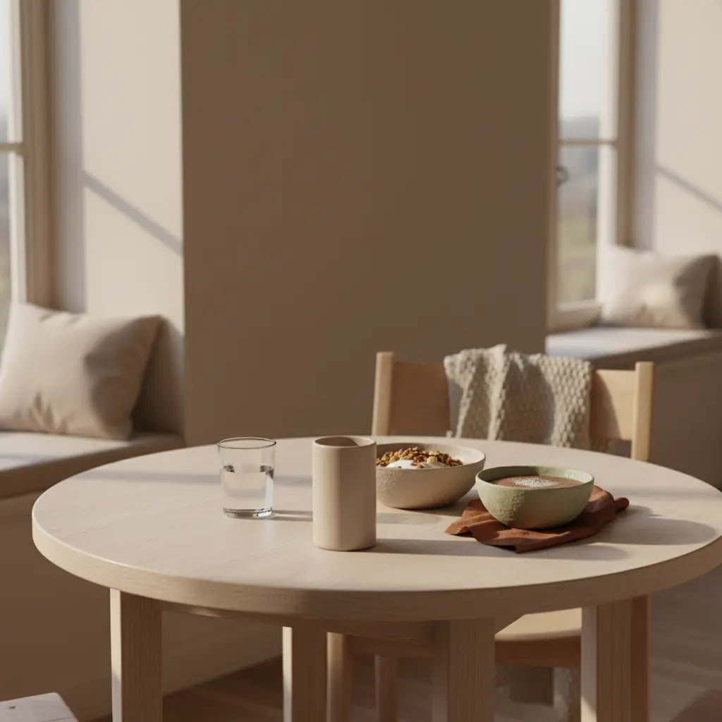 Minimalistisches veganes Frühstück in europäischer Küche mit Granola, Pflanzjoghurt, Nüssen und Shake auf nachhaltigem Tisch – slow, nährend; Trainingsplan erstellen.