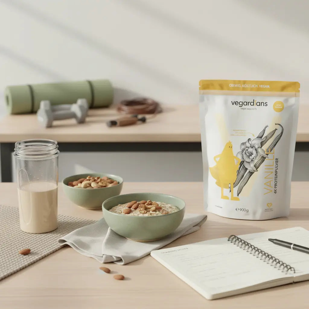 Minimalistische Trainingsküche mit Proteinshake, Haferflocken, Nüssen und offenem Trainingslog auf Holztisch – Trainingsplan erstellen, ruhige Morgenstimmung