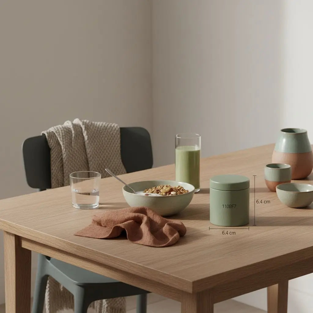 Veganer Frühstückstisch mit Granola, Joghurt, Nüssen, Shake und dem Produkt aus den Referenzfotos in ruhiger Morgenatmosphäre – Trainingsziele