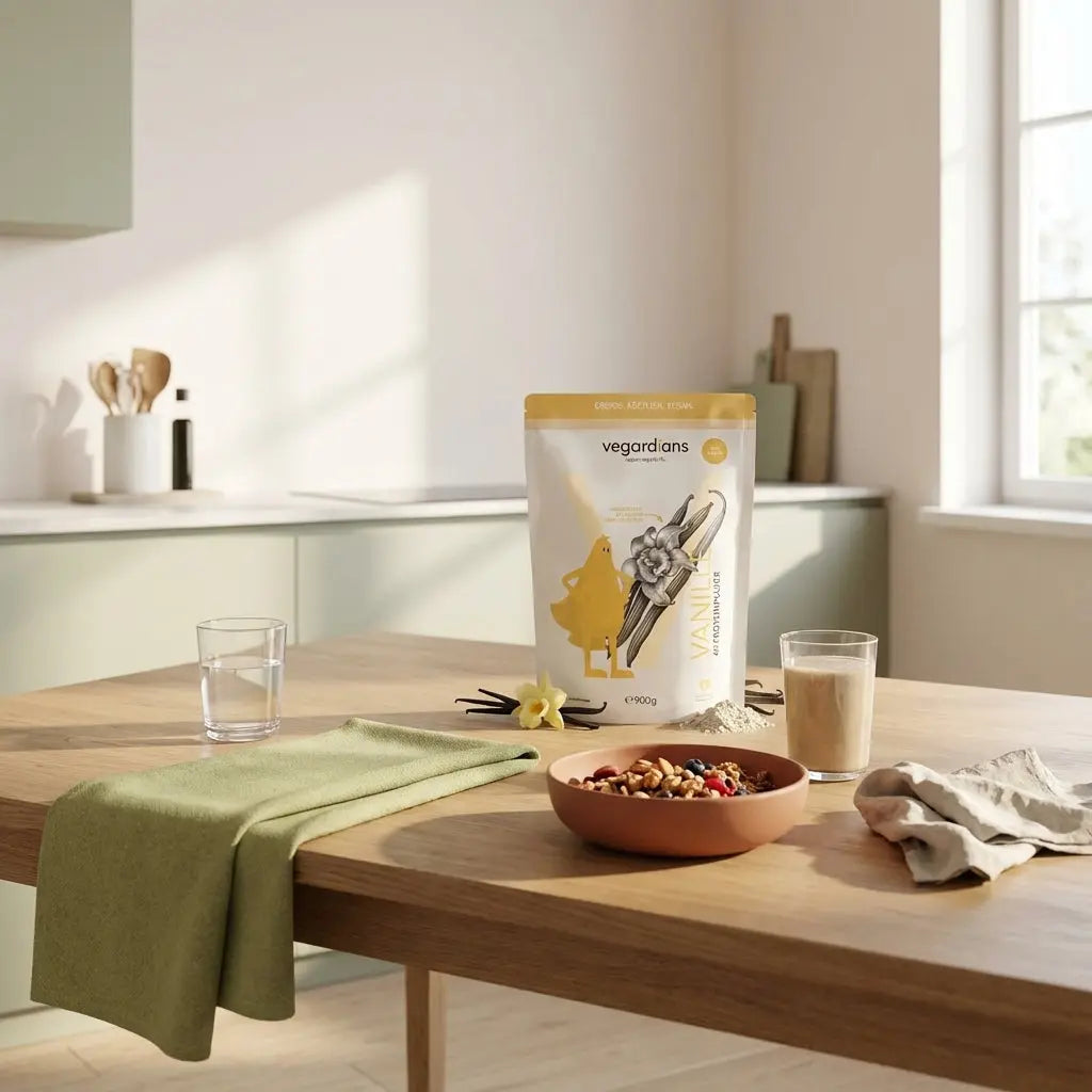 Minimalistische Morgenküche mit nachhaltigem Holztisch, Glas Wasser, Müsli mit Nüssen und pflanzlichem Shake – trotz sport nicht abnehmen