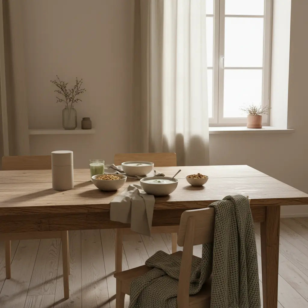 Minimalistisches Frühstück in europäischer Küche mit Granola, veganem Joghurt, Nüssen und Shake auf nachhaltigem Tisch; ruhige, nährende Szene. Tumorstoffwechsel