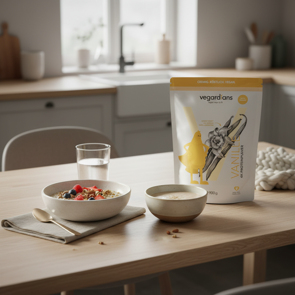 Minimalistische Küchenszene mit pflanzlichem Frühstück (Hafer, Nüsse, Beeren, Proteinshake) auf nachhaltigem Holztisch im sanften Morgenlicht — Übungen gegen Bauchfett