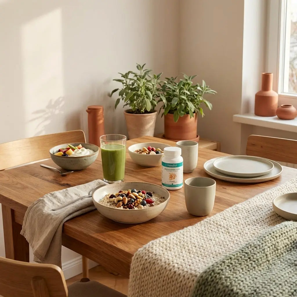 Minimalistische europäische Küchenszene mit Haferbrei, Nüssen, pflanzlichem Joghurt und Shake auf nachhaltigem Holztisch im Morgenlicht — ungesund abnehmen