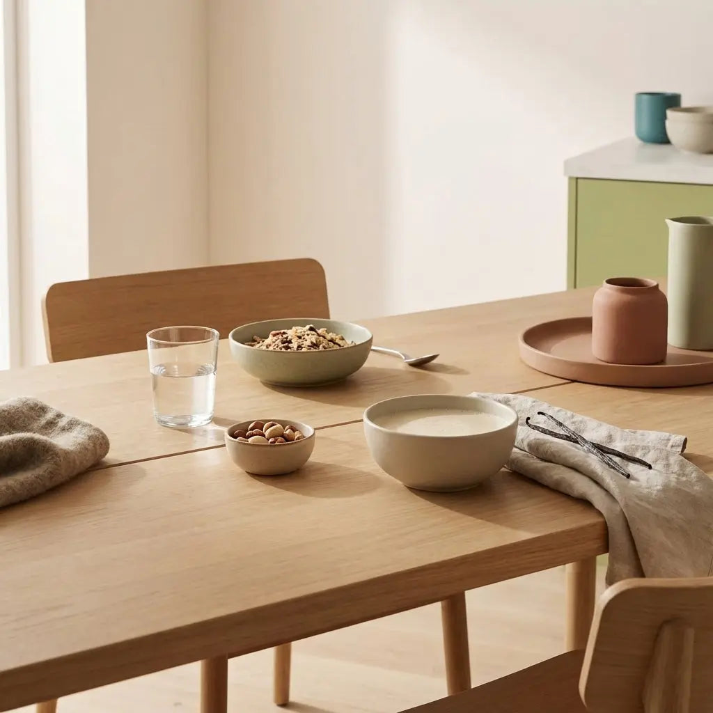 Minimalistische Frühstücksszene in sanftem Morgenlicht: Holztisch mit Glas Wasser, Schale Müsli, Nüssen und pflanzlichem Shake – nährend und bewusst, ideal zum unterer Rücken stärken.