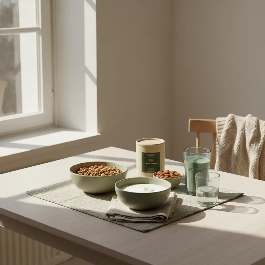 Unterschied Vollwert- und vollwertiger Ernährung – minimalistisches Frühstück mit Granola, Joghurt, Nüssen und Shake in einer europäischen Küche im sanften Morgenlicht.