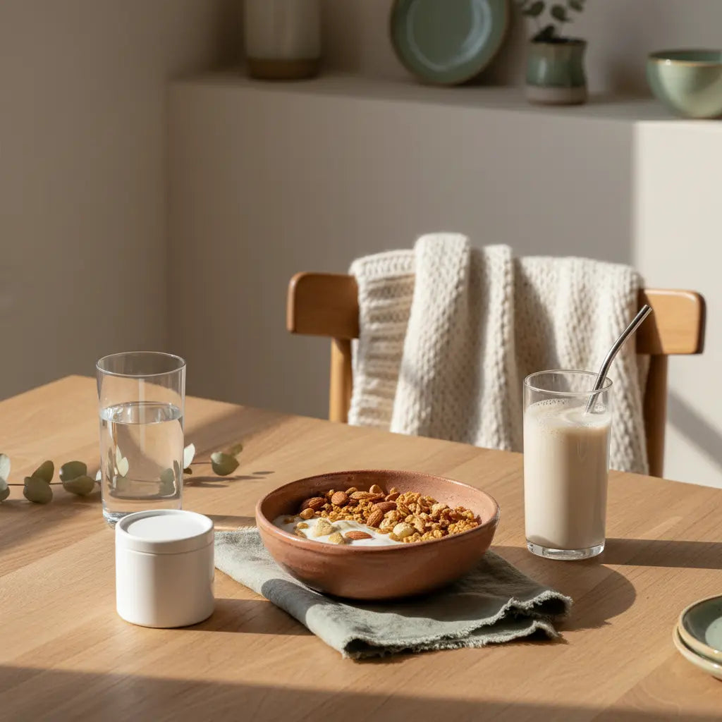 Minimalistisches Frühstück in europäischer Küche mit Granola, pflanzlichem Joghurt, Nüssen und Shake auf nachhaltigem Tisch in ruhiger Winterstimmung — vegan abnehmen