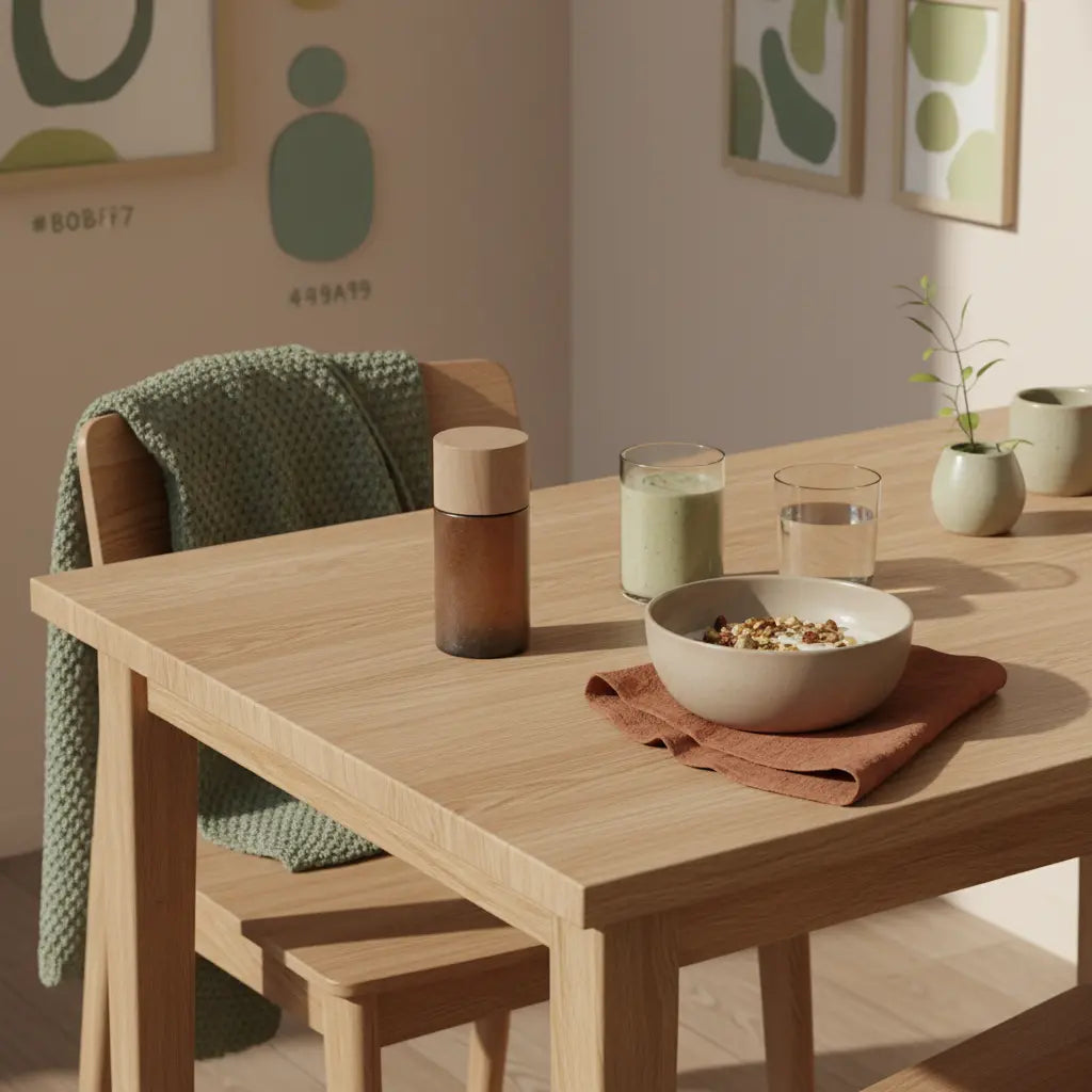 Minimalistisches Frühstück in europäischer Küche mit veganem Granola, Joghurt, Nüssen und Shake, nachhaltiger Tisch und Produkt aus Referenzfotos