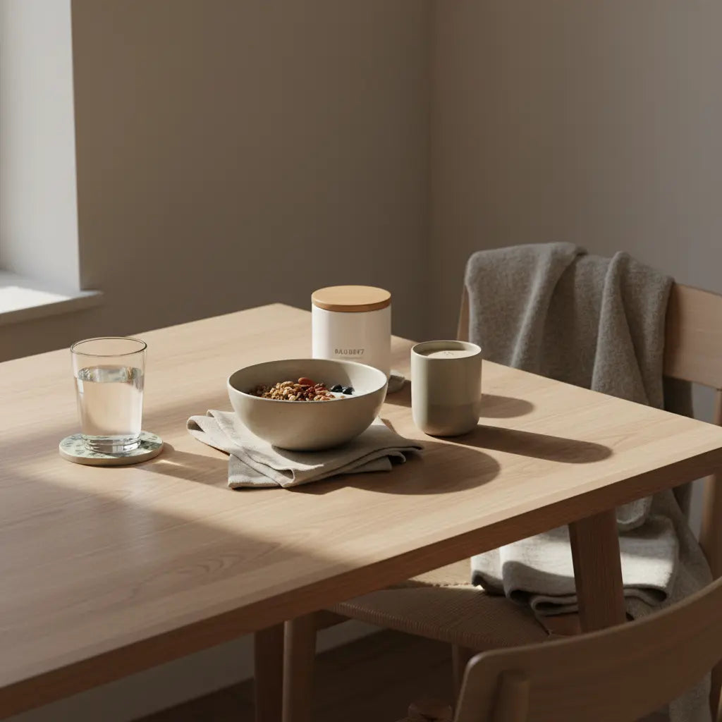 Minimalistisches Frühstück mit Granola, pflanzlichem Joghurt, Nüssen und Shake auf einem cleanen Tisch – vegan Muskeln aufbauen, nährend und nachhaltig.