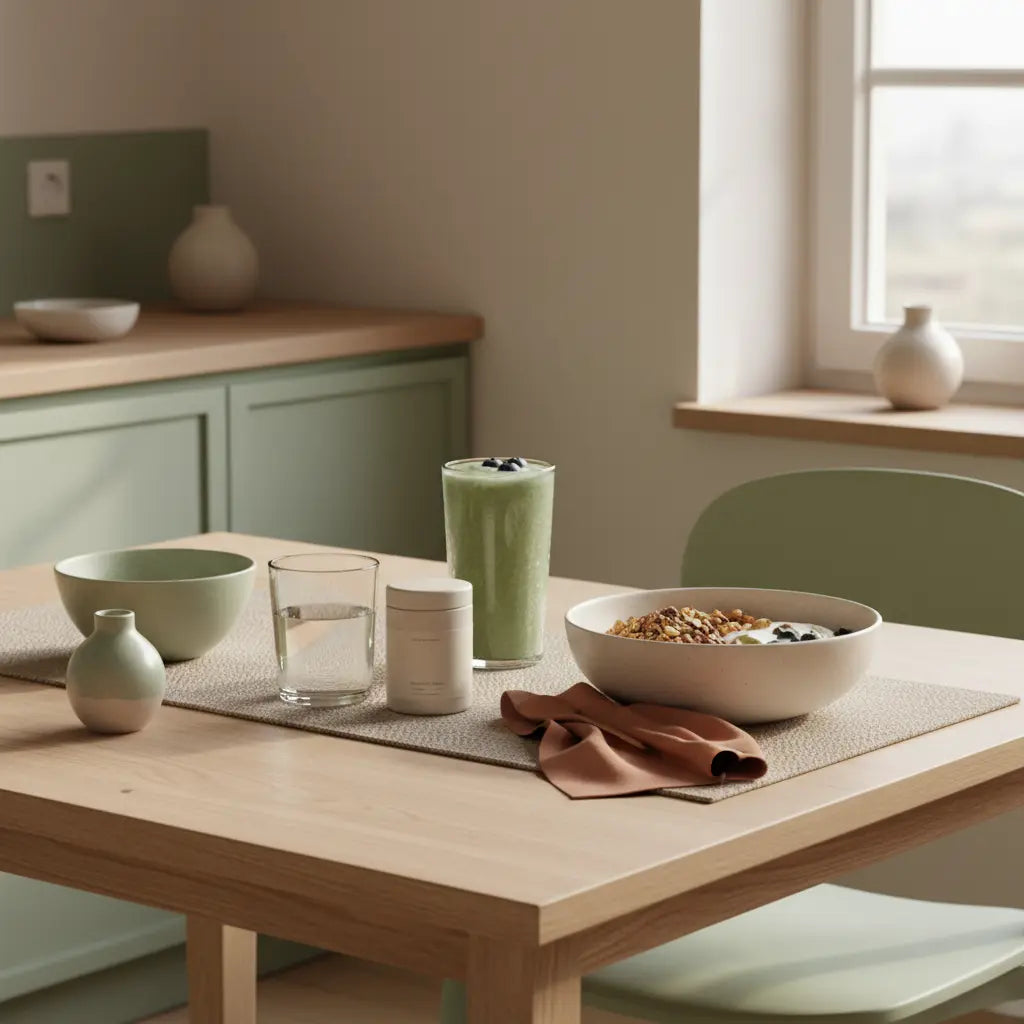 Minimalistisches Frühstück mit Granola, Sojajoghurt, Nüssen und Shake in einer ruhigen europäischen Küche, nährend und absichtsvoll – vegan zunehmen