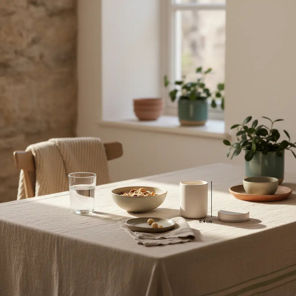 Minimalistisches veganes Frühstück in europäischer Küche mit Granola, pflanzlichem Joghurt, Nüssen und Shake; winterliche Woll- und Leinentexturen – vegane Bodybuilder