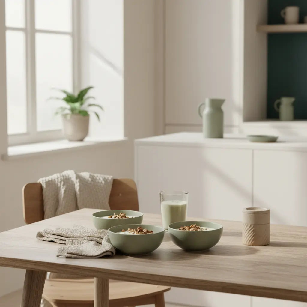 Minimalistisches Frühstück in europäischer Küche mit Granola, pflanzlichem Joghurt, Nüssen und Shake, dezente Woll- und Leinenakzente; vegane eiweißquellen im Fokus.