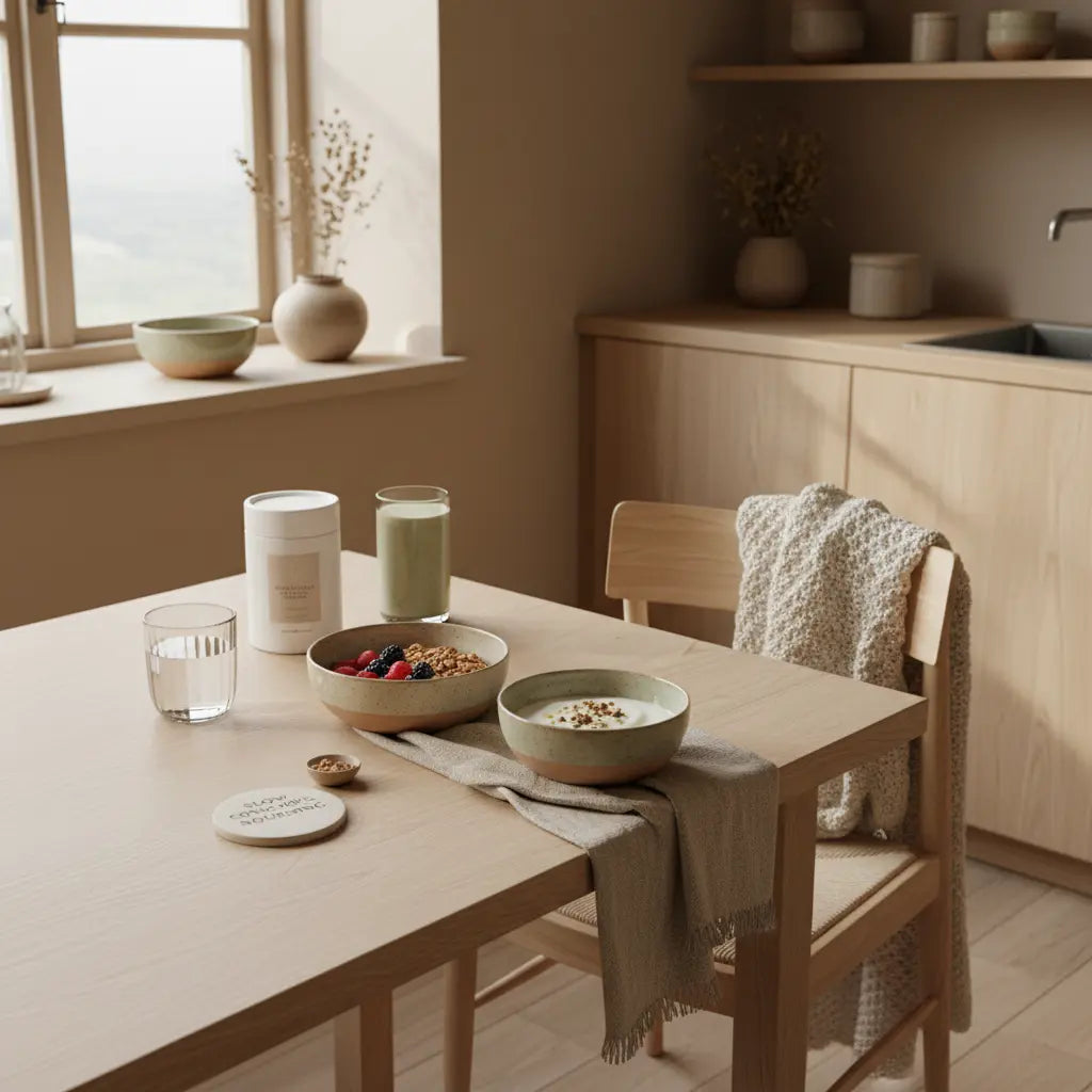 Minimalistisches Morgenfrühstück mit Granola, pflanzlichem Joghurt, Nüssen, Protein‑Shake und Produkt aus Referenzfotos – ruhige Szene mit Fokus auf vegane eiweißquellen.