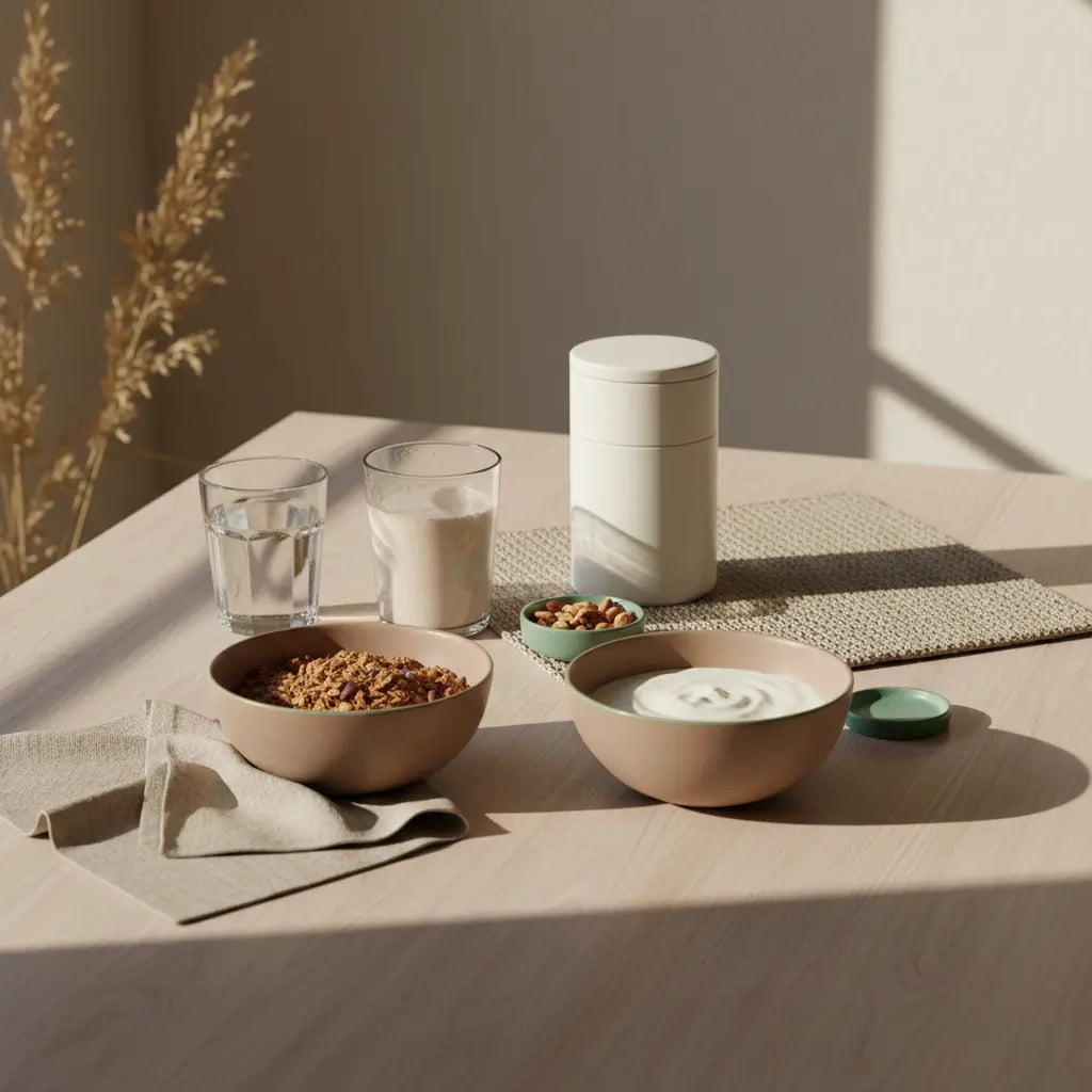 Minimalistisches Frühstück mit Granola, pflanzlichem Joghurt, Nüssen und Proteinshake als vegane eiweißquellen auf einem nachhaltigen Tisch in einer hellen europäischen Küche.