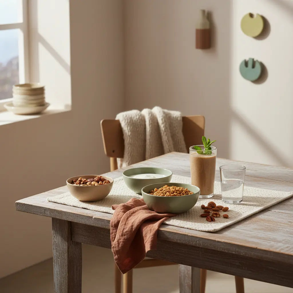 Minimalistisches Frühstück mit Granola, pflanzlichem Joghurt, Nüssen und Shake als vegane eiweißquellen auf nachhaltigem Tisch in heller europäischer Küche.