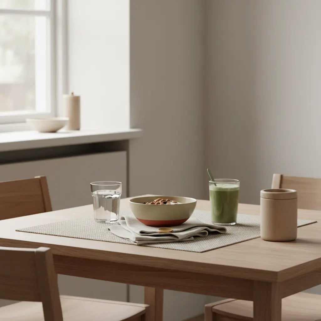 Veganes Frühstück mit Granola, pflanzlichem Joghurt, Nüssen und Shake auf minimalistischem, nachhaltigem Tisch in einer europäischen Küche bei sanftem Morgenlicht — vegane ernährung