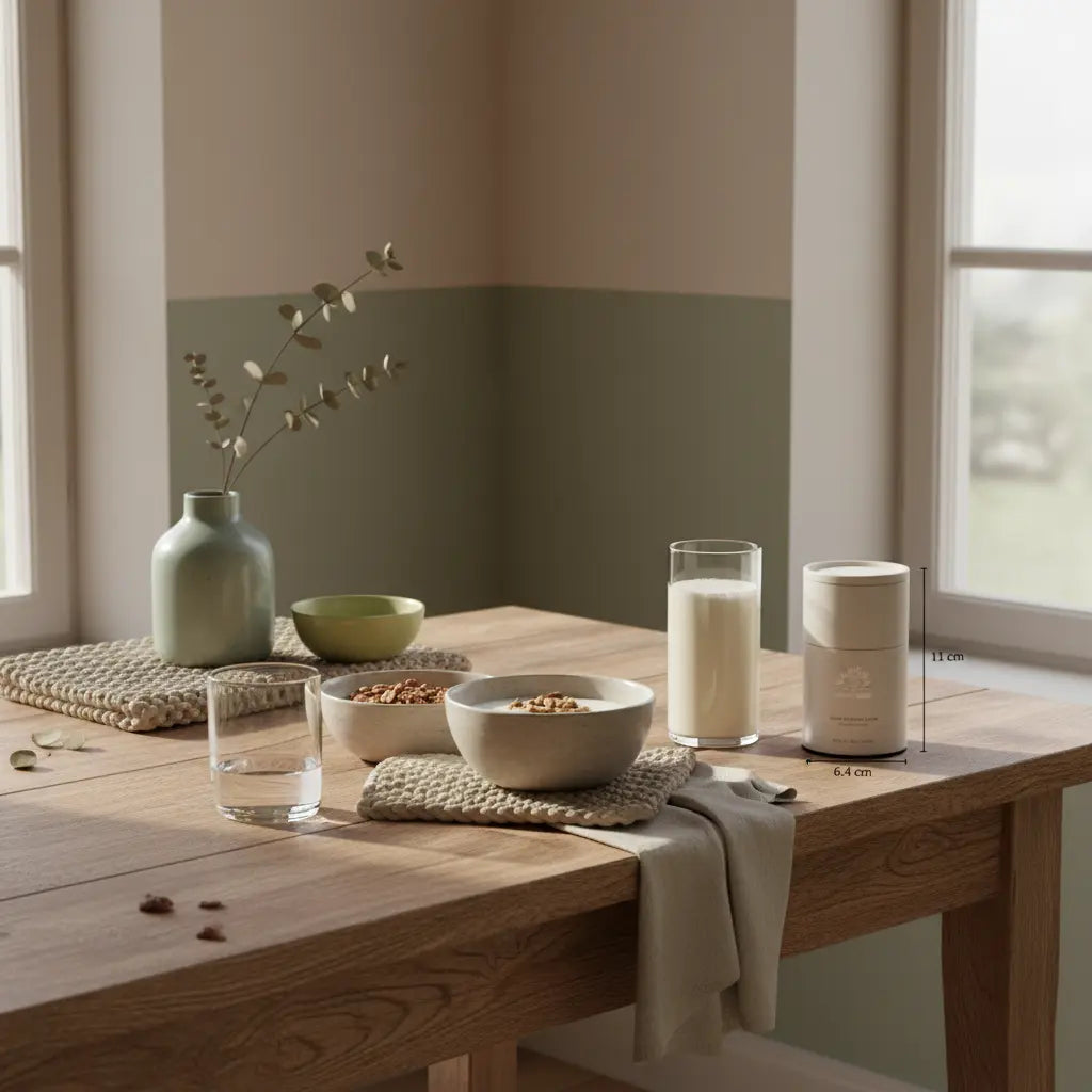 Minimalistisches veganes Frühstück mit Granola, pflanzlichem Joghurt, Nüssen und Shake auf Keramikschalen in warmer Morgenstimmung – vegane ernährung, nachhaltiges Setting