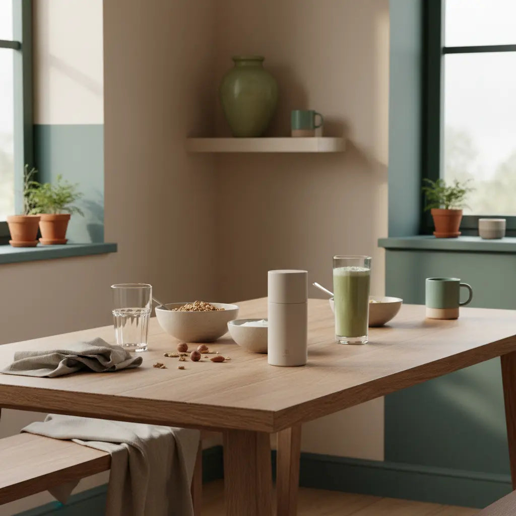 Minimalistisches veganes Frühstück mit Granola, pflanzlichem Joghurt, Nüssen und Shake auf nachhaltigem Tisch in europäischer Küche im Morgenlicht – vegane Ernährung.