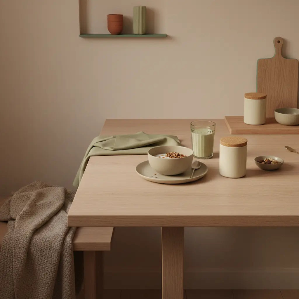 Minimalistisches Frühstück mit Granola, pflanzlichem Joghurt, Nüssen und Shake auf einem nachhaltigen Tisch – ruhige Slow‑Living‑Szene zur veganen ernährung.