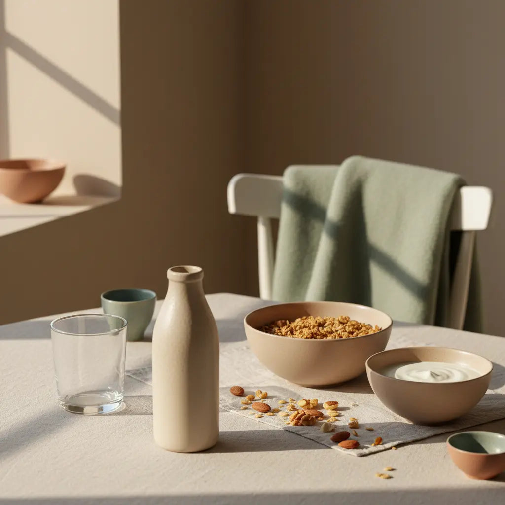 Veganer Frühstückstisch mit Granola, pflanzlichem Joghurt, Nüssen und Shake, nachhaltige Keramik und winterliche Texturen — vegane ernährung gesundheit