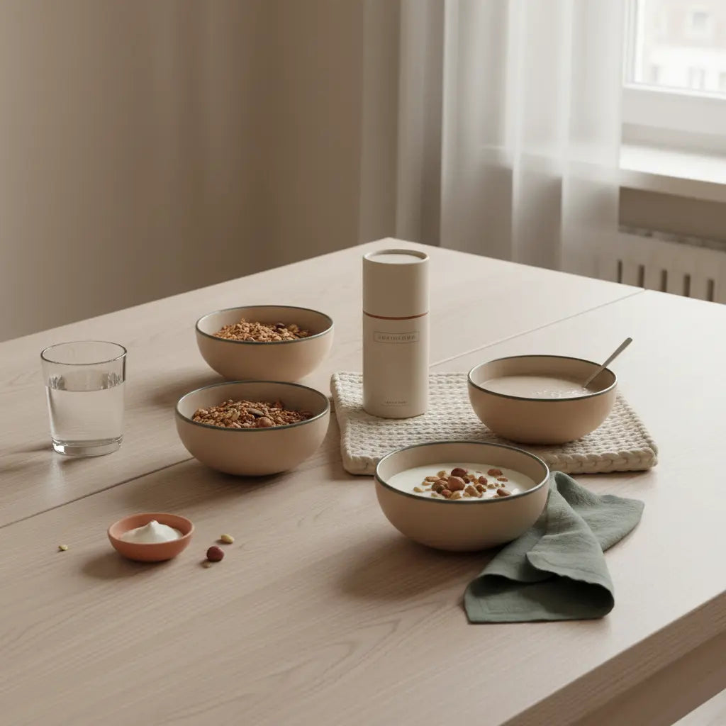 Minimalistisches Frühstück in heller europäischer Küche mit veganer Granola, Pflanzenjoghurt, Nüssen und Shake auf nachhaltigem Tisch – ruhige, nährende Szene, vegane ernährung gesundheit