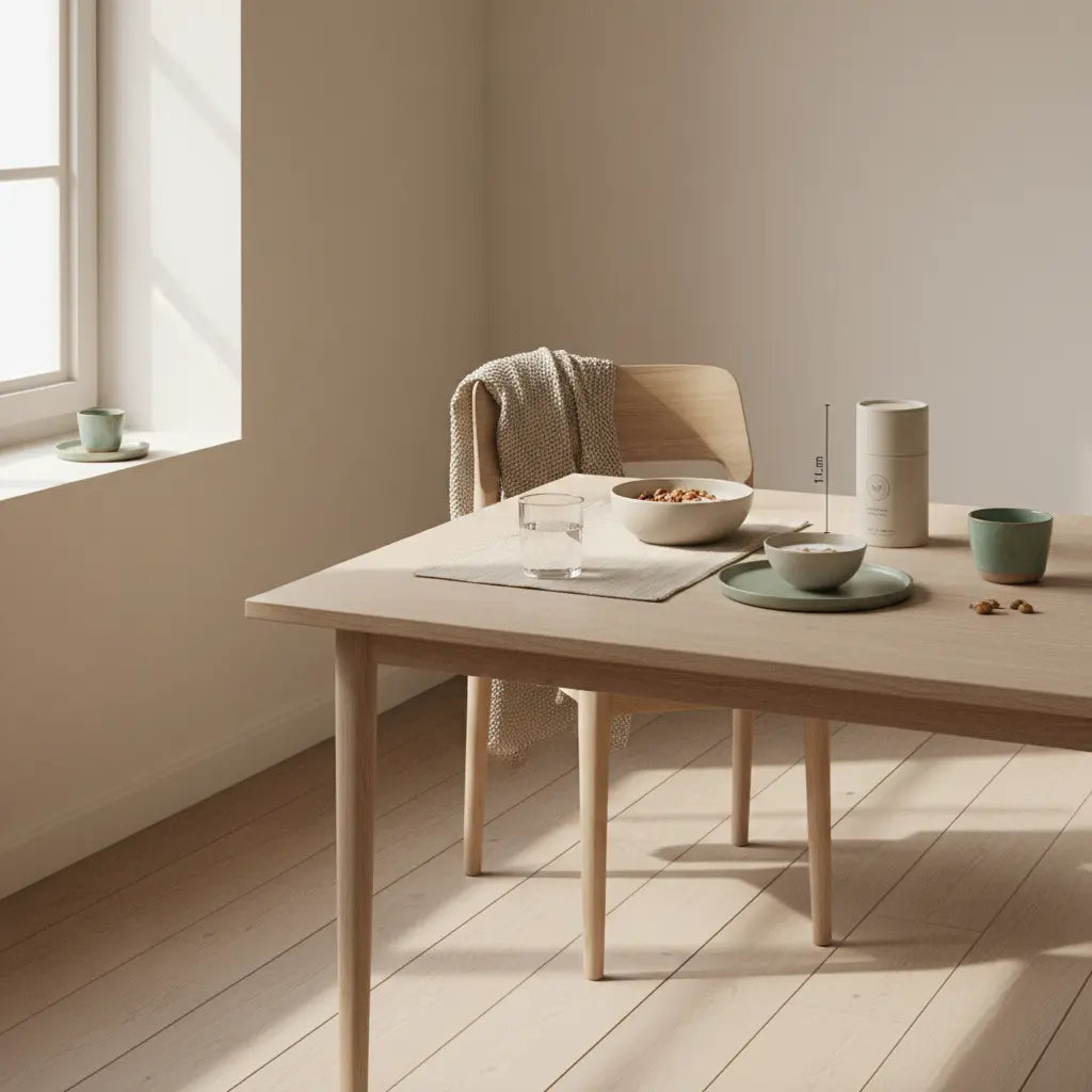 Minimalistisches Frühstück mit Granola, pflanzlichem Joghurt, Nüssen und Shake in einer europäischen Küche – vegane ernährung muskelaufbau, erdige und ruhige Farbwelt.