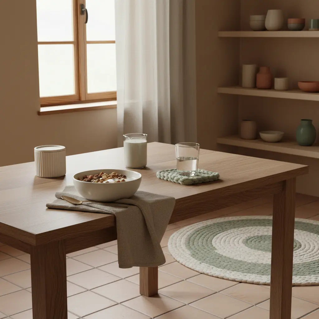 Minimalistisches veganes Frühstück auf Holztisch: Granola mit pflanzlichem Joghurt, Nüssen, Glas Wasser und Proteinshake in Keramikbecher im sanften Morgenlicht – vegane ernährung sportler