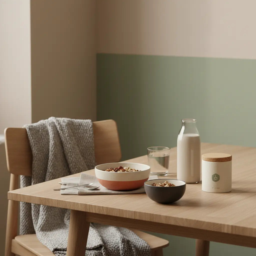 Minimalistisches Frühstück mit Granola, pflanzlichem Joghurt, Nüssen und Shake auf nachhaltigem Holztisch, vegane ernährungsplan