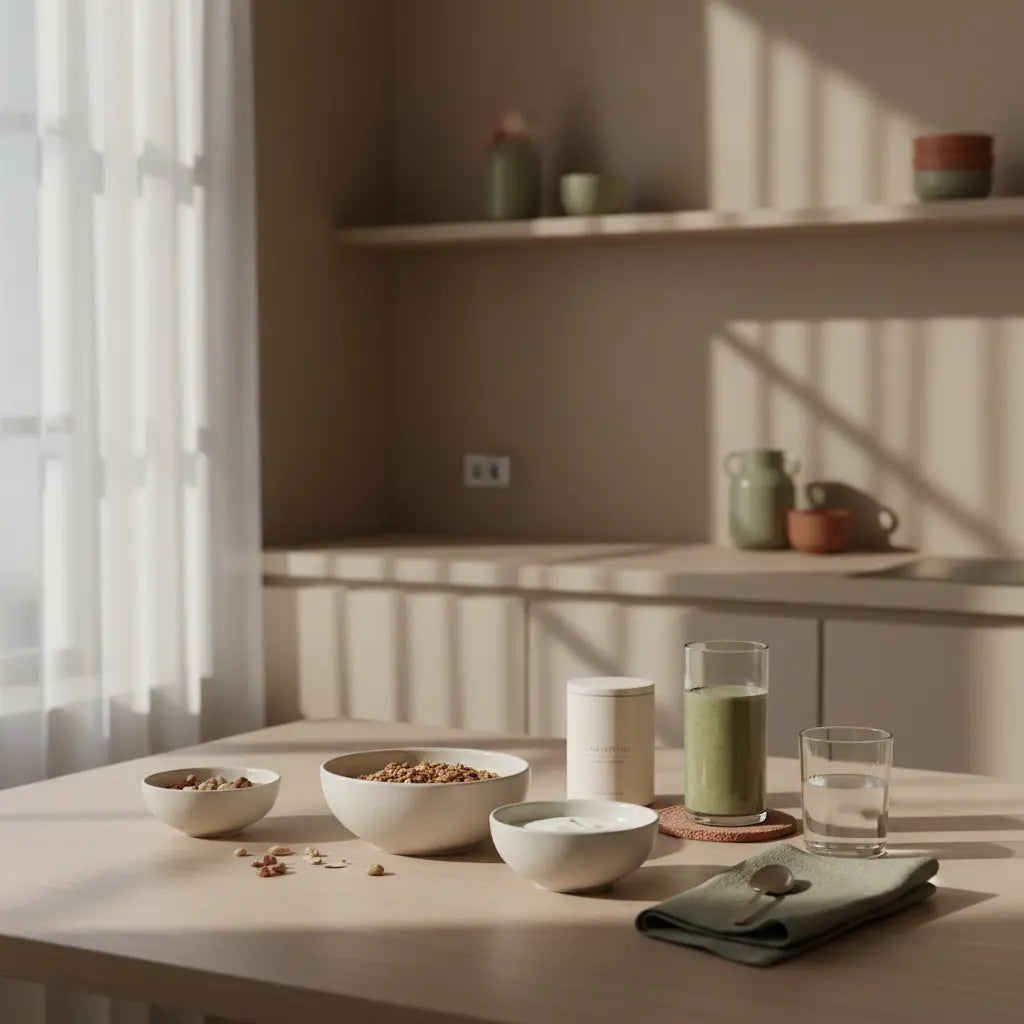 vegane-frühstück: minimalistische Frühstückstafel mit Granola, pflanzlichem Joghurt, Nüssen und Shake in nachhaltiger europäischer Küche, sanftes Morgenlicht, erdige Töne.