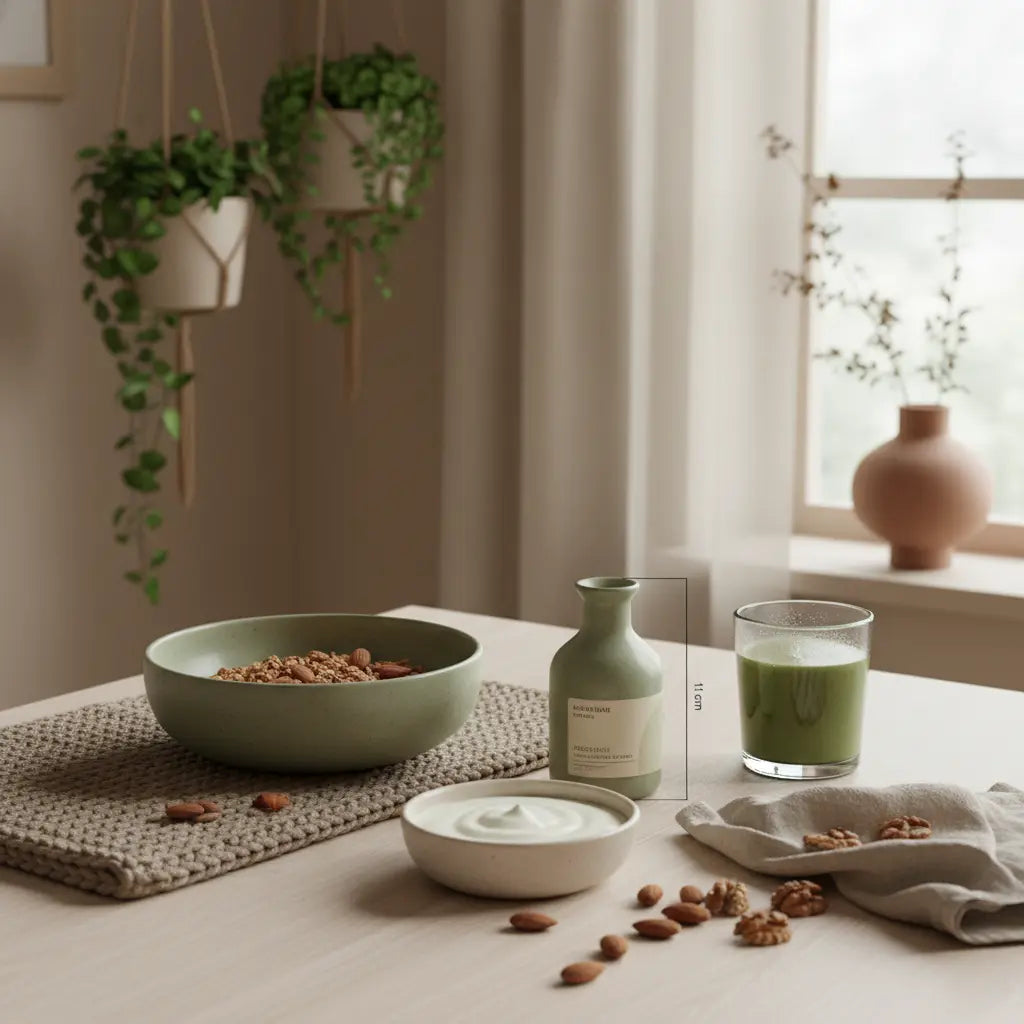 Veganes Frühstück mit Granola, Pflanzenjoghurt, Nüssen und Shake auf nachhaltigem, minimalistischem Tisch in ruhiger Morgenstimmung, vegane käsealternativen