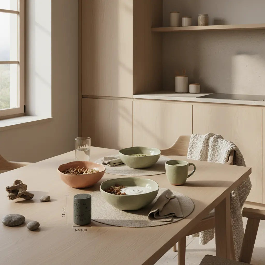 Vegane Kraftsportler Frühstückstisch mit Granola, pflanzlichem Joghurt, Nüssen und Shake in einer minimalistischen europäischen Küche bei sanftem Morgenlicht, nachhaltiges Setting