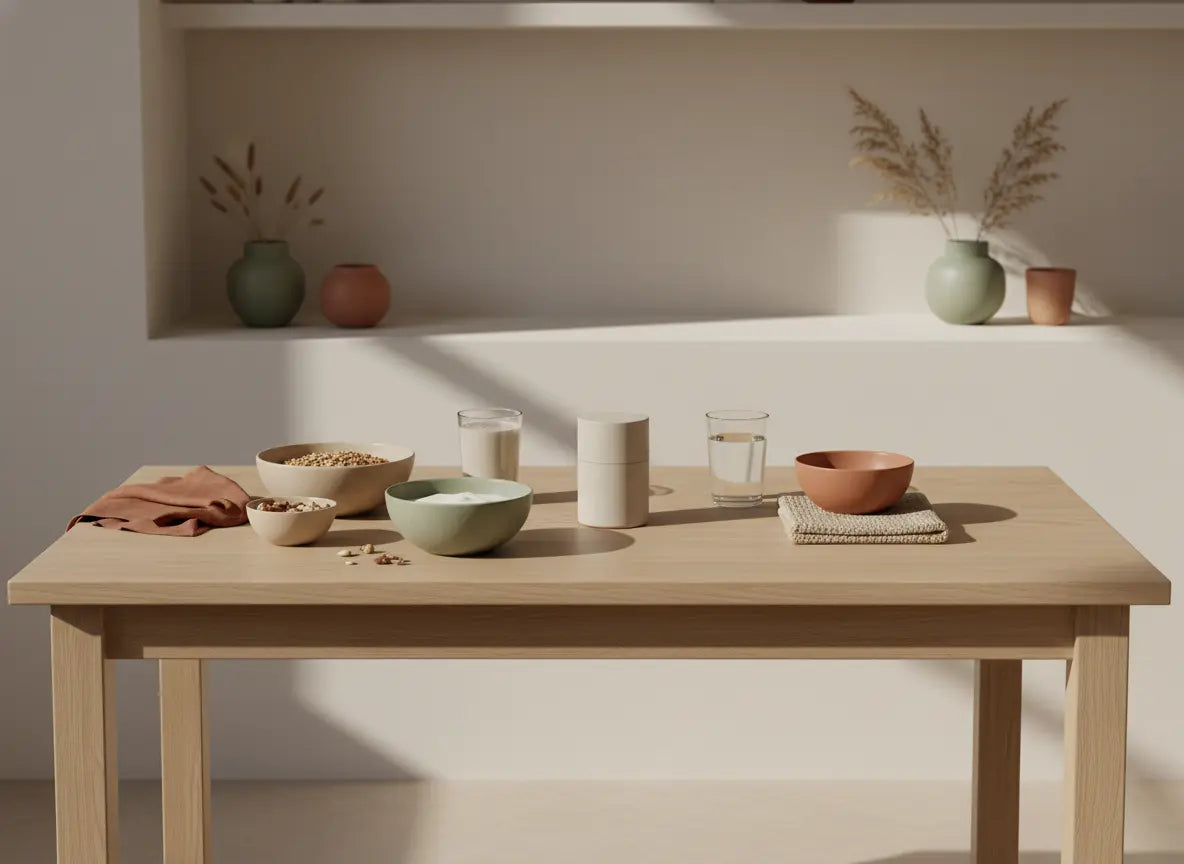 Minimalistisches Frühstück in warmer Morgenbeleuchtung, zeigt vegane Lebensmittel: Granola, veganer Joghurt, Nüsse und Shake auf nachhaltig gedecktem Tisch.