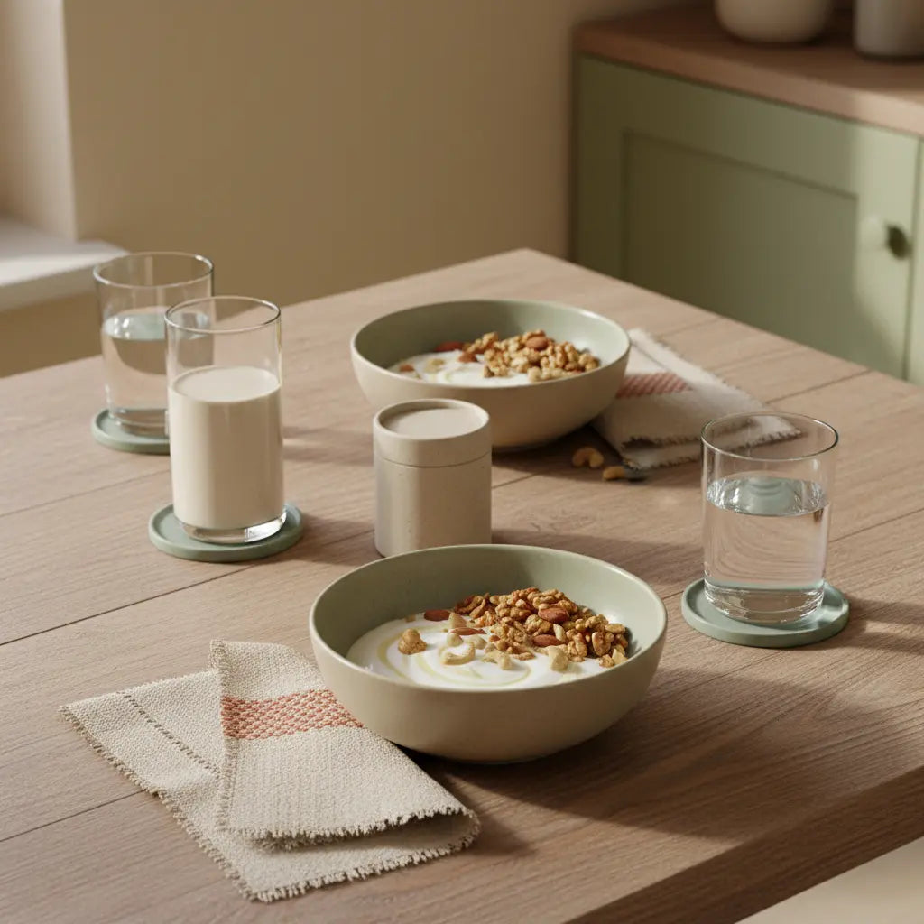 Minimalistisches Frühstück mit Granola, pflanzlichem Joghurt, Nüssen und Protein-Shake auf nachhaltigem Tisch — vegane proteinquellen im Fokus.