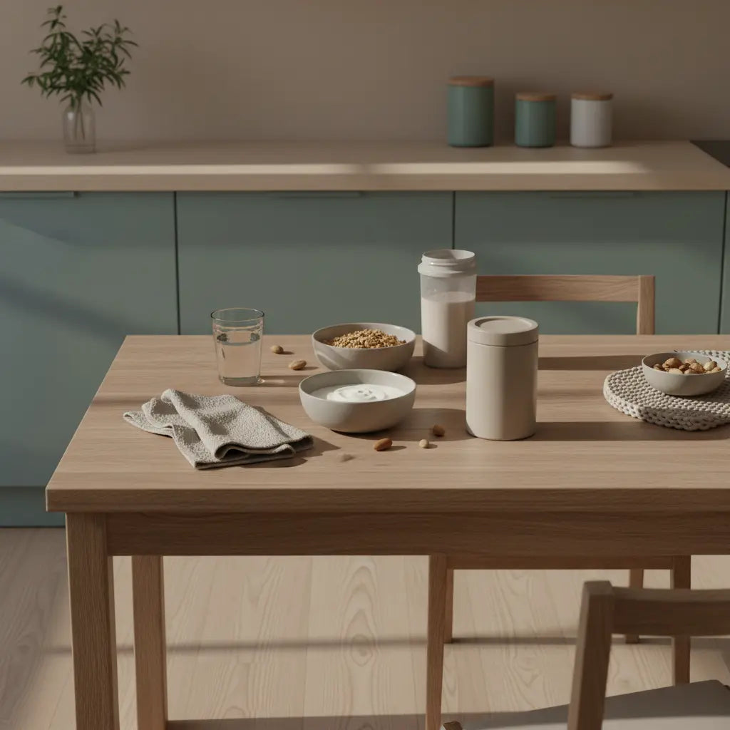 Veganes Frühstück mit Granola, pflanzlichem Joghurt, Nüssen und Shake auf minimalistisch gedecktem Tisch – vegane proteinquellen in ruhiger, nachhaltiger Morgenszene.