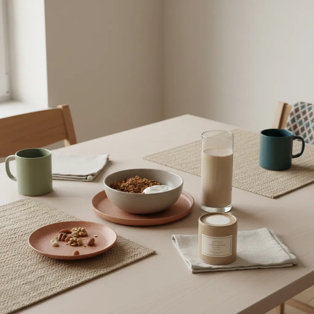 Minimalistisches veganes Frühstück mit Granola, pflanzlichem Joghurt, Nüssen und einem Shake auf nachhaltigem Tisch in sanfter Morgenbeleuchtung — vegane proteinquellen