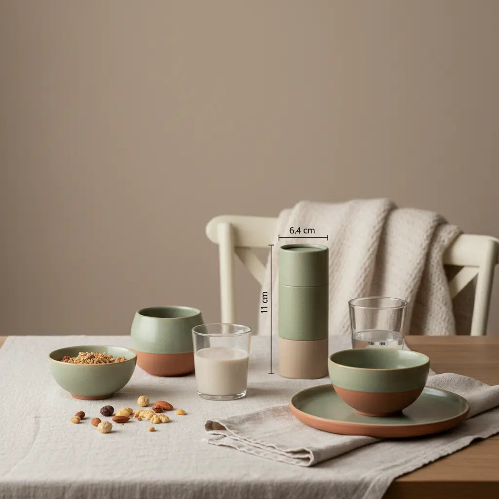 Minimalistisches Frühstück mit Granola, pflanzlichem Joghurt, Nüssen und Proteinshake in einer europäischen Küche im Morgenlicht — vegane proteinquellen