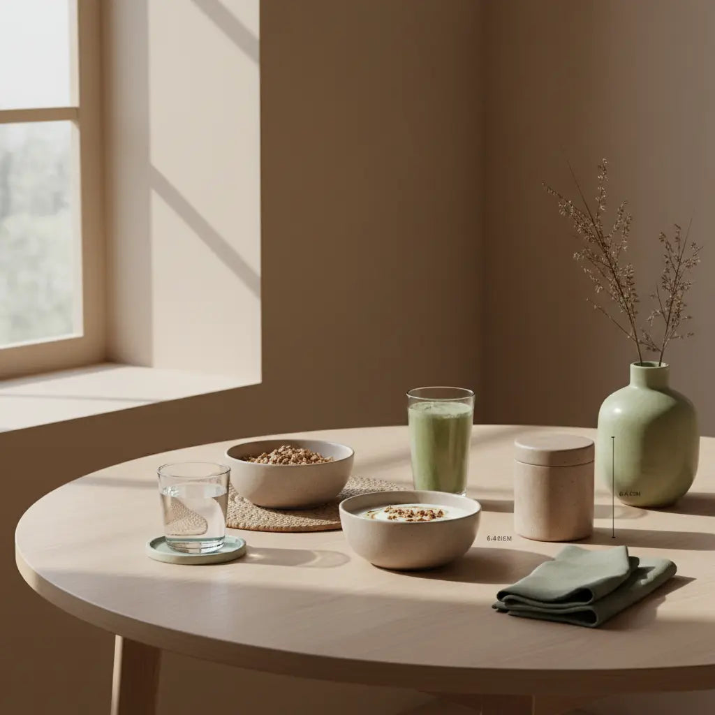 Minimalistisches Frühstück mit Granola, Joghurt, Nüssen und Shake auf nachhaltigem Tisch in europäischer Küche, vegane sporternährung im Fokus.