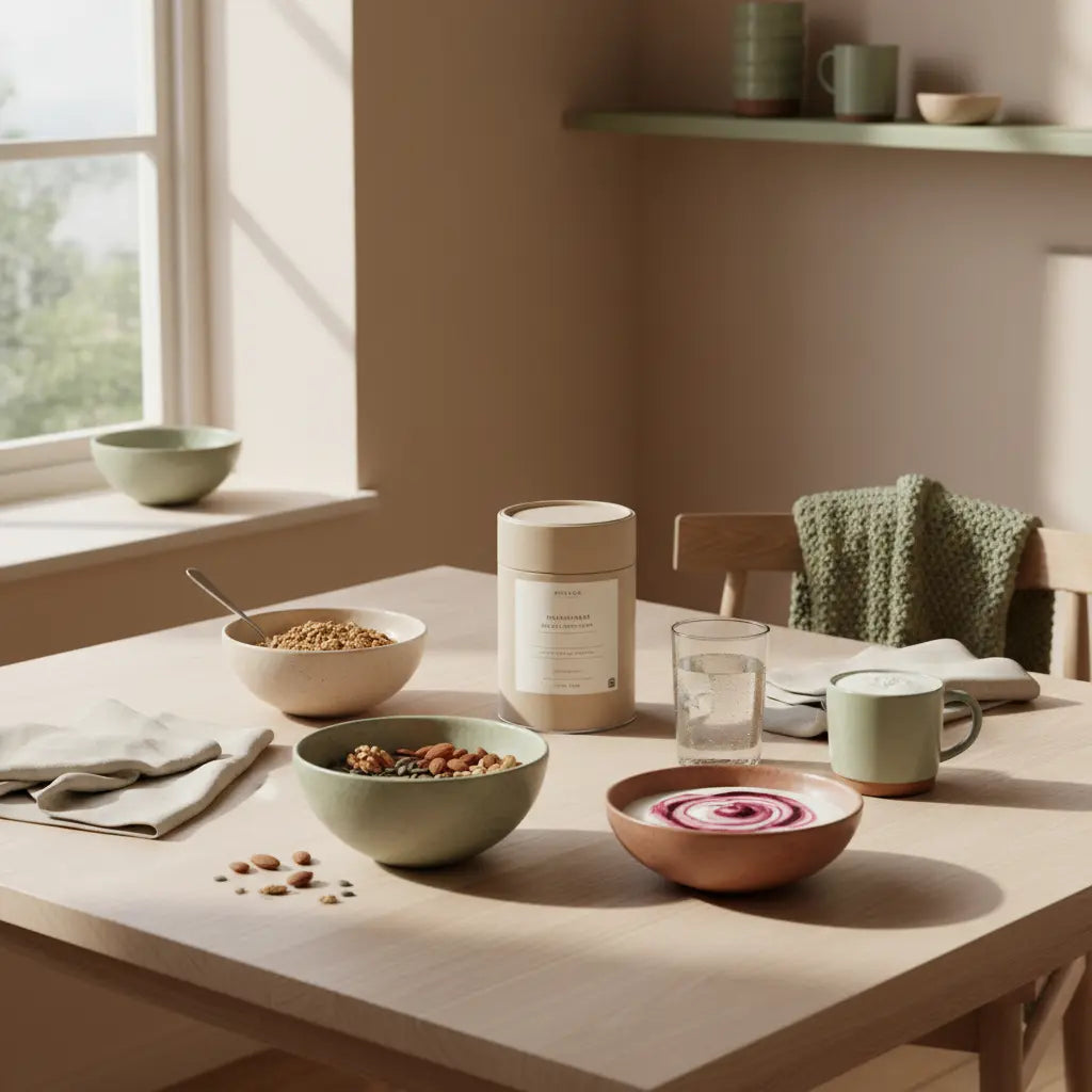 Minimalistisches Frühstück mit Keramikschalen, Granola, pflanzlichem Joghurt, Nüssen und Shake auf nachhaltigem Tisch in erdigen Tönen – vegane Vorratsliste