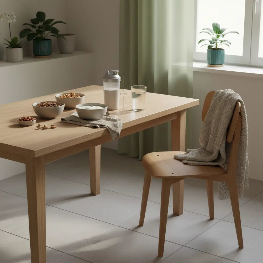 Minimalistisches Frühstück mit Granola, pflanzlichem Joghurt, Nüssen und Shake auf einem nachhaltigen Tisch in einer europäischen Küche – veganer eiweißbedarf berechnen