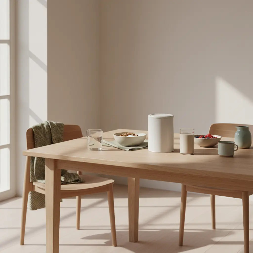 veganer ernährungsplan muskelaufbau – minimalistisches Morgenfrühstück in europäischer Küche mit Granola, pflanzlichem Joghurt, Nüssen und Shake, weiche Woll- und Leinenakzente.