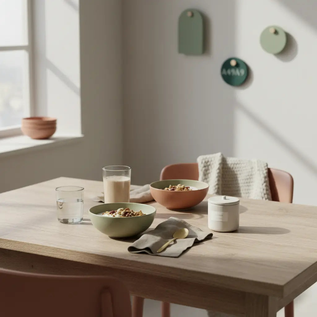 Minimalistisches Morgenfrühstück mit Granola, pflanzlichem Joghurt, Nüssen und Shake auf nachhaltigem Tisch in ruhigen Erdtönen – veganer genug protein