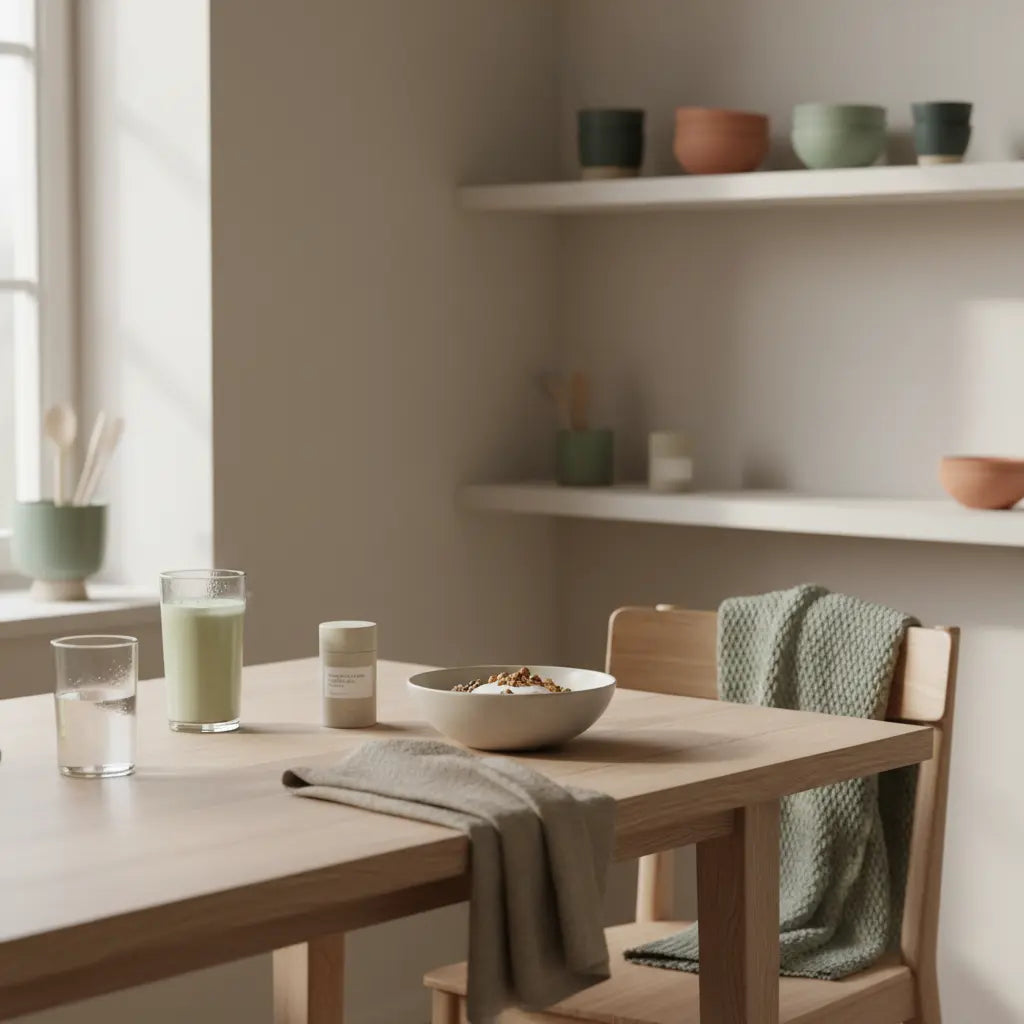 Minimalistisches Frühstück mit Hafer, Sojajoghurt, Nüssen und Shake auf nachhaltigem Tisch in heller europäischer Küche, veganer muskelaufbau