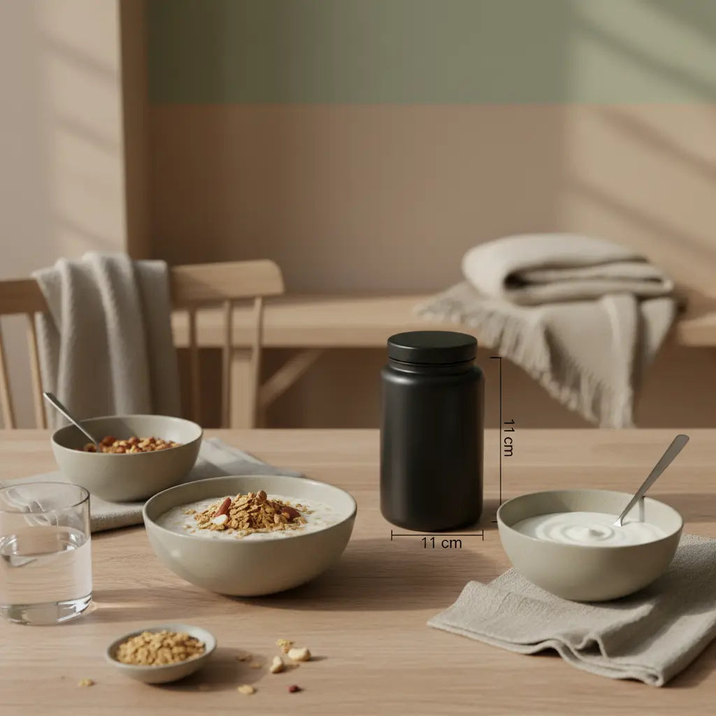 Frühstück für veganer muskelaufbau mit Haferbrei, pflanzlichem Joghurt, Nüssen und Proteinshake auf nachhaltigem Tisch in heller europäischer Küche.