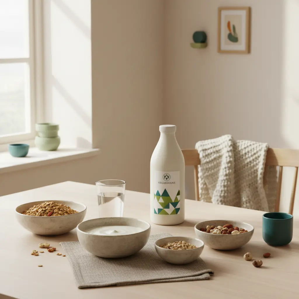 Minimalistisches veganes Frühstück mit Granola, pflanzlichem Joghurt, Nüssen und Proteinshake auf hellem Holztisch in ruhiger Küche für veganer Muskelaufbau.