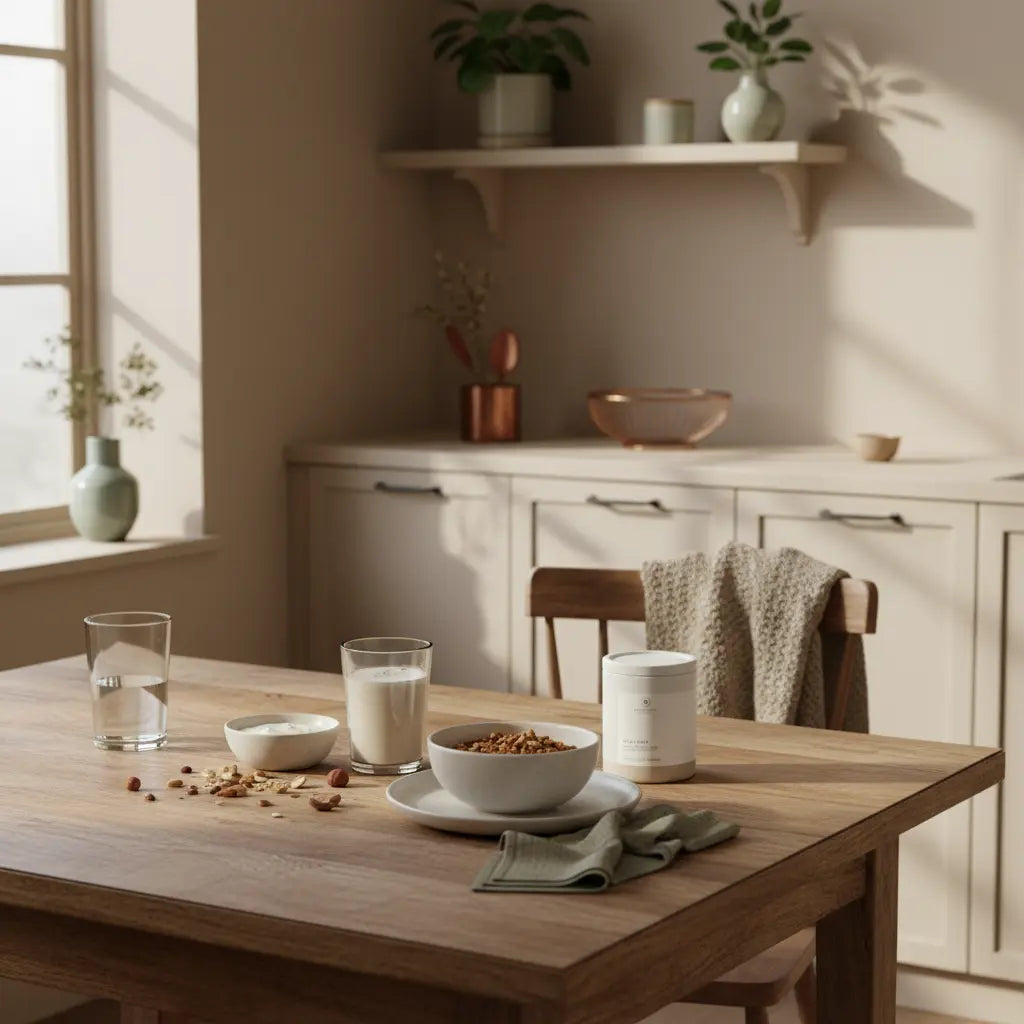 Veganer Frühstückstisch mit Granola, pflanzlichem Joghurt, Nüssen und Protein-Shake in minimalistischer europäischer Küche bei sanftem Morgenlicht – veganer muskelaufbau protein