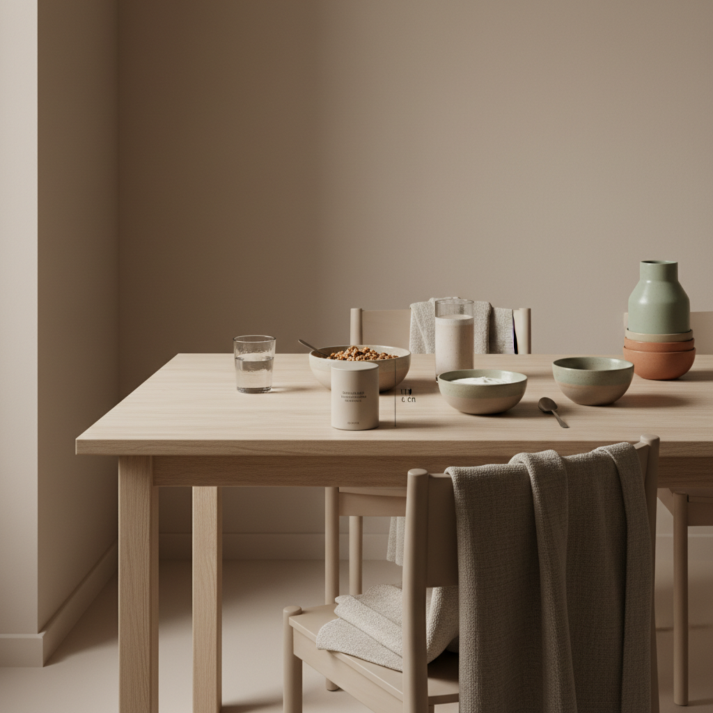 Veganer Frühstückstisch mit Granola, Sojajoghurt, Nüssen und Proteinshake in europäischer Küche im Morgenlicht – veganer proteinbedarf 140 g