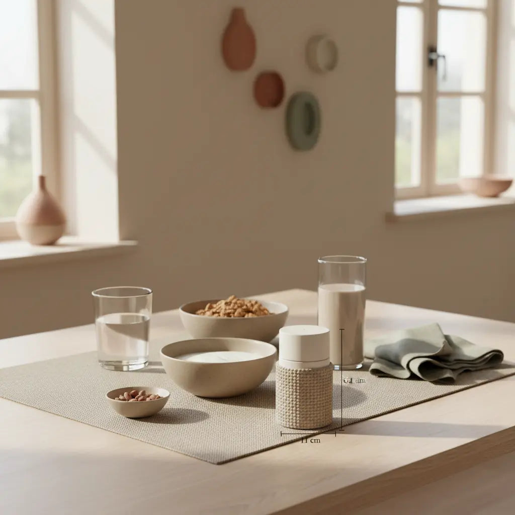 Minimalistisches Frühstück mit Granola, pflanzlichem Joghurt, Nüssen und Shake auf einem nachhaltigen Tisch im sanften Morgenlicht — Thema veganer proteinbedarf