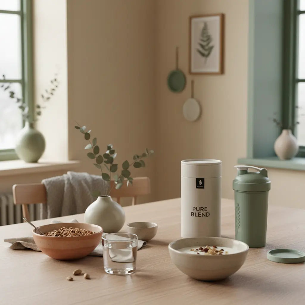 Minimalistischer Frühstückstisch mit Granola, pflanzlichem Joghurt, Nüssen, Shake und Wasserglas in nachhaltiger Küche – veganes Frühstück